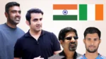 R Ashwin, Gautam Gambhir, Kris Srikkanth, and Tilak Varma alongside the India and Ireland flags, highlighting discussion around India's squad for the T20I series against Ireland.
