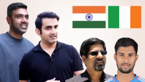 R Ashwin, Gautam Gambhir, Kris Srikkanth, and Tilak Varma alongside the India and Ireland flags, highlighting discussion around India's squad for the T20I series against Ireland.