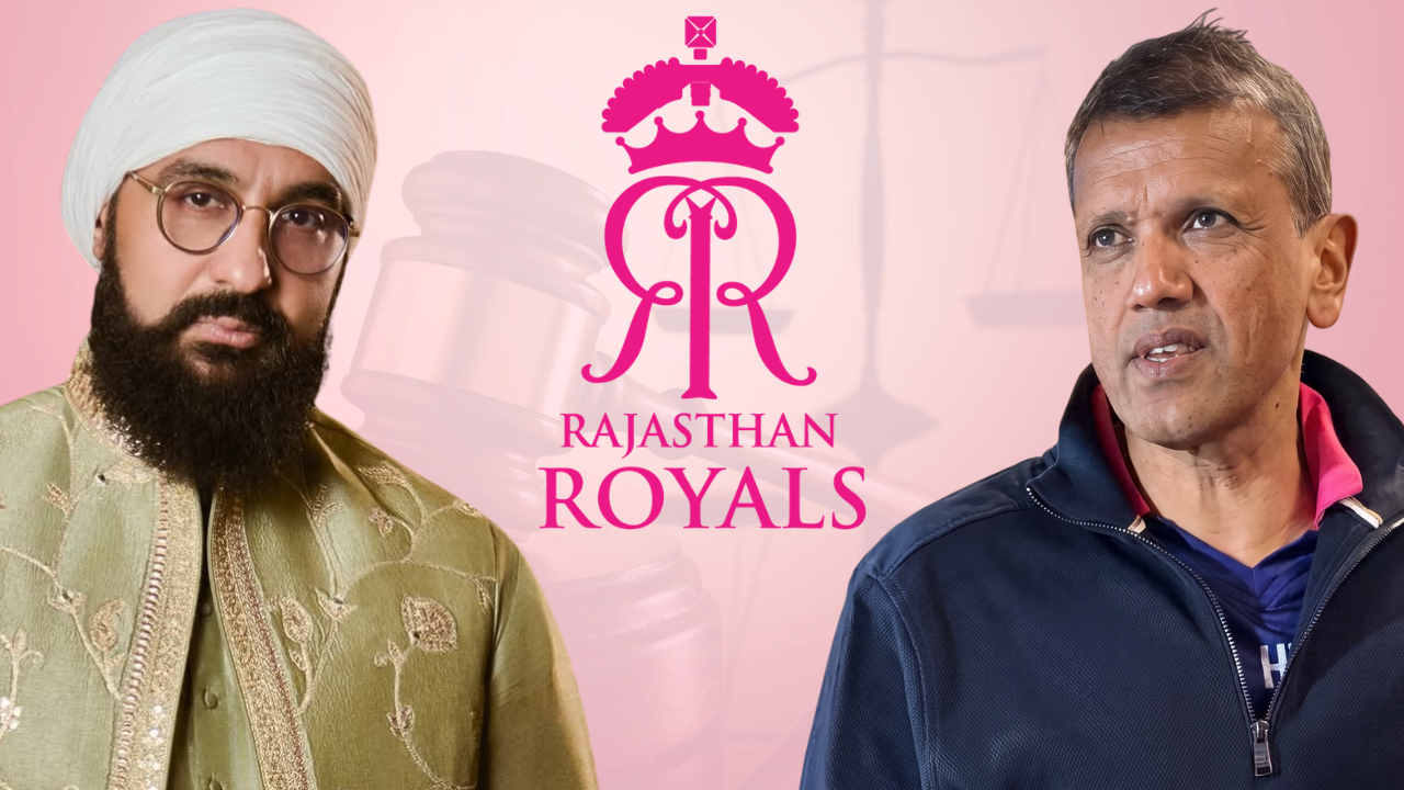 Illustration featuring Raj Kundra, Manoj Badale, the Rajasthan Royals logo, and a judge's gavel symbolizing the legal dispute involving Rajasthan Royals ownership.