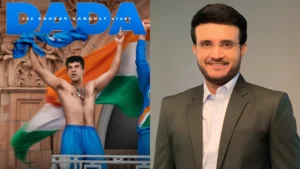 Rajkummar Rao alongside former India captain Sourav Ganguly in a graphic related to the upcoming Dada biopic based on Ganguly's life and cricket career.