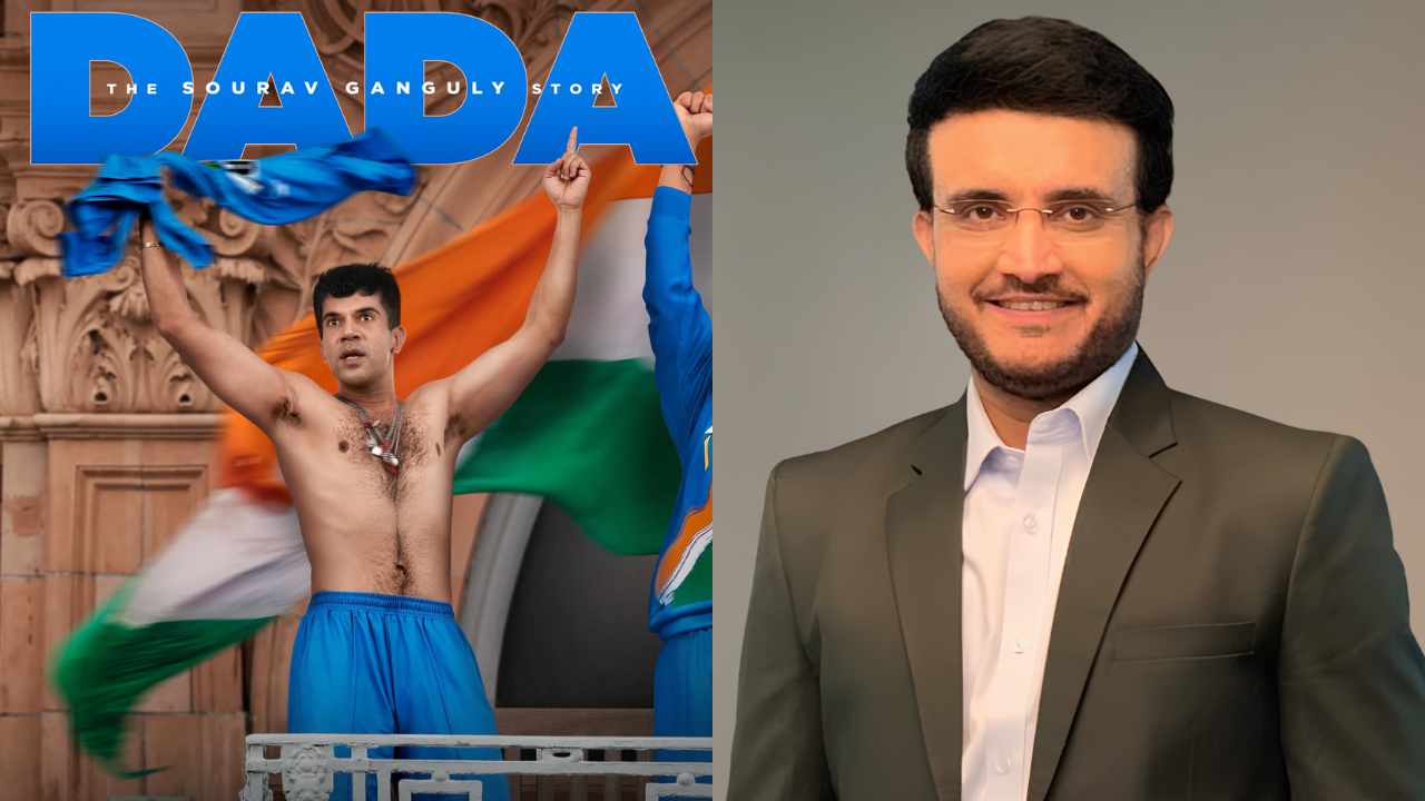 Rajkummar Rao alongside former India captain Sourav Ganguly in a graphic related to the upcoming Dada biopic based on Ganguly's life and cricket career.