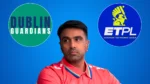 Ravichandran Ashwin alongside the Dublin Guardians and European T20 Premier League (ETPL) logos, highlighting his association with the Dublin Guardians franchise.