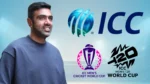 Ravichandran Ashwin featured alongside the ICC logo, ICC Men's Cricket World Cup logo and ICC Men's T20 World Cup logo in a graphic about international cricket tournaments.