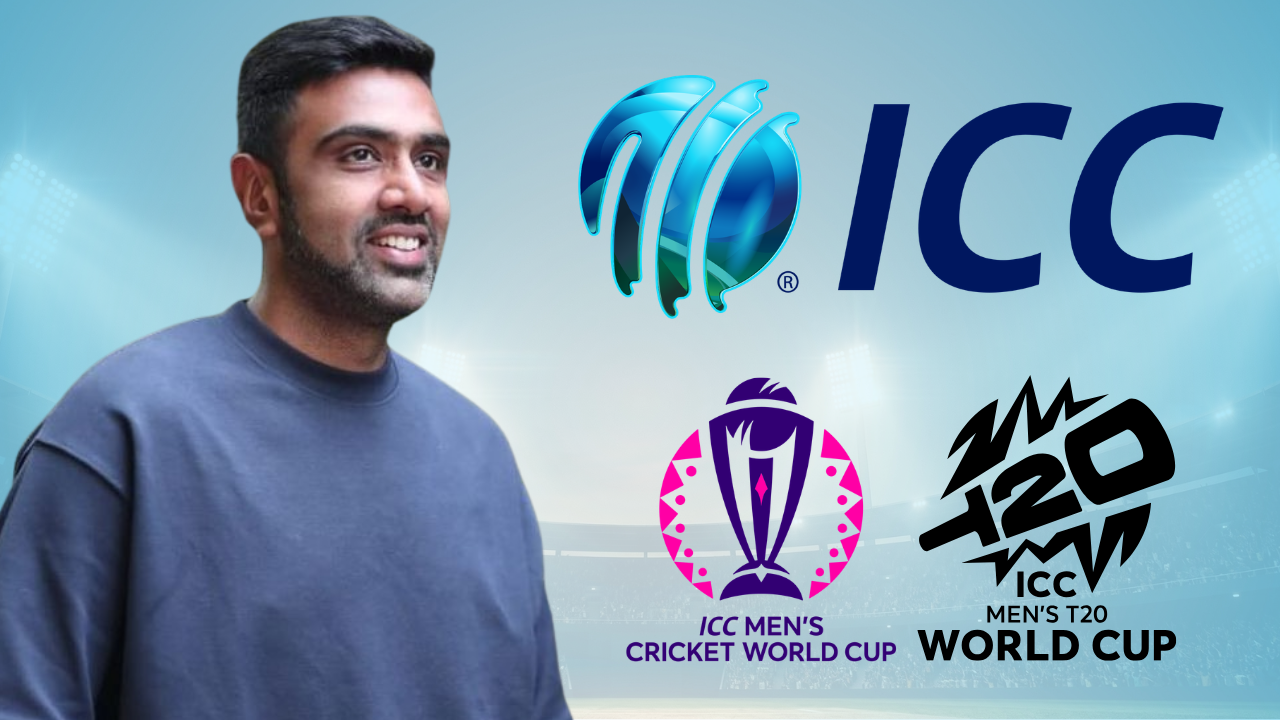 Ravichandran Ashwin featured alongside the ICC logo, ICC Men's Cricket World Cup logo and ICC Men's T20 World Cup logo in a graphic about international cricket tournaments.