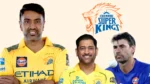 Ravichandran Ashwin, MS Dhoni and head coach Stephen Fleming featured alongside the Chennai Super Kings (CSK) logo in a graphic highlighting the IPL franchise.