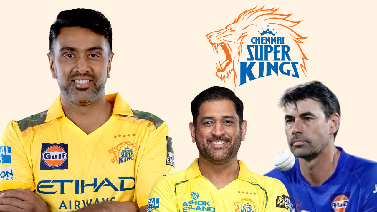 Ravichandran Ashwin, MS Dhoni and head coach Stephen Fleming featured alongside the Chennai Super Kings (CSK) logo in a graphic highlighting the IPL franchise.