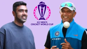 Ravichandran Ashwin and Rahul Dravid alongside the ICC Men's Cricket World Cup logo, representing India's World Cup cricket campaign.