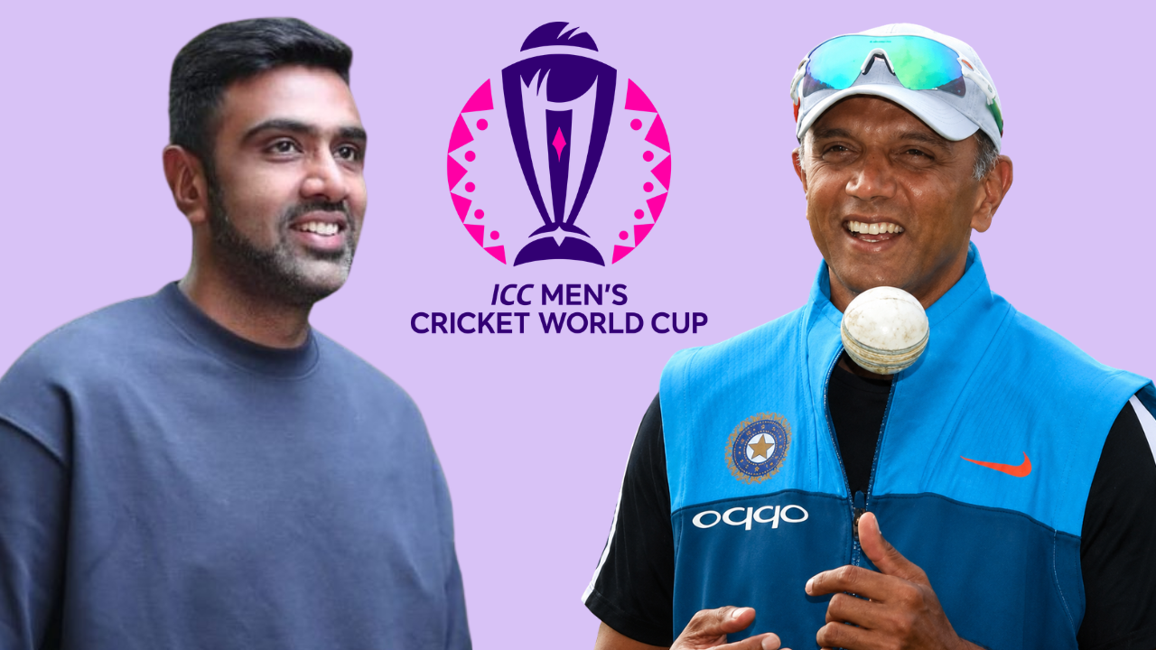 Ravichandran Ashwin and Rahul Dravid alongside the ICC Men's Cricket World Cup logo, representing India's World Cup cricket campaign.