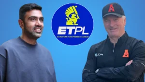 Ravichandran Ashwin and Steve Waugh alongside the European T20 Premier League (ETPL) logo, highlighting their association with the new T20 cricket competition.