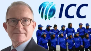 Richard Bennett pictured alongside the ICC logo and members of the Afghanistan women's cricket team.