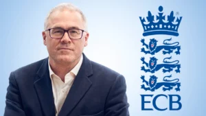 Richard Gould alongside the England and Wales Cricket Board (ECB) logo, highlighting the ECB chief executive's role in English cricket administration.