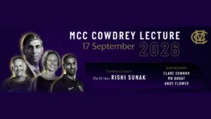 Promotional graphic announcing Rishi Sunak as the speaker for the 2026 MCC Cowdrey Lecture, with special guests Clare Connor, Mo Bobat and Andy Flower.