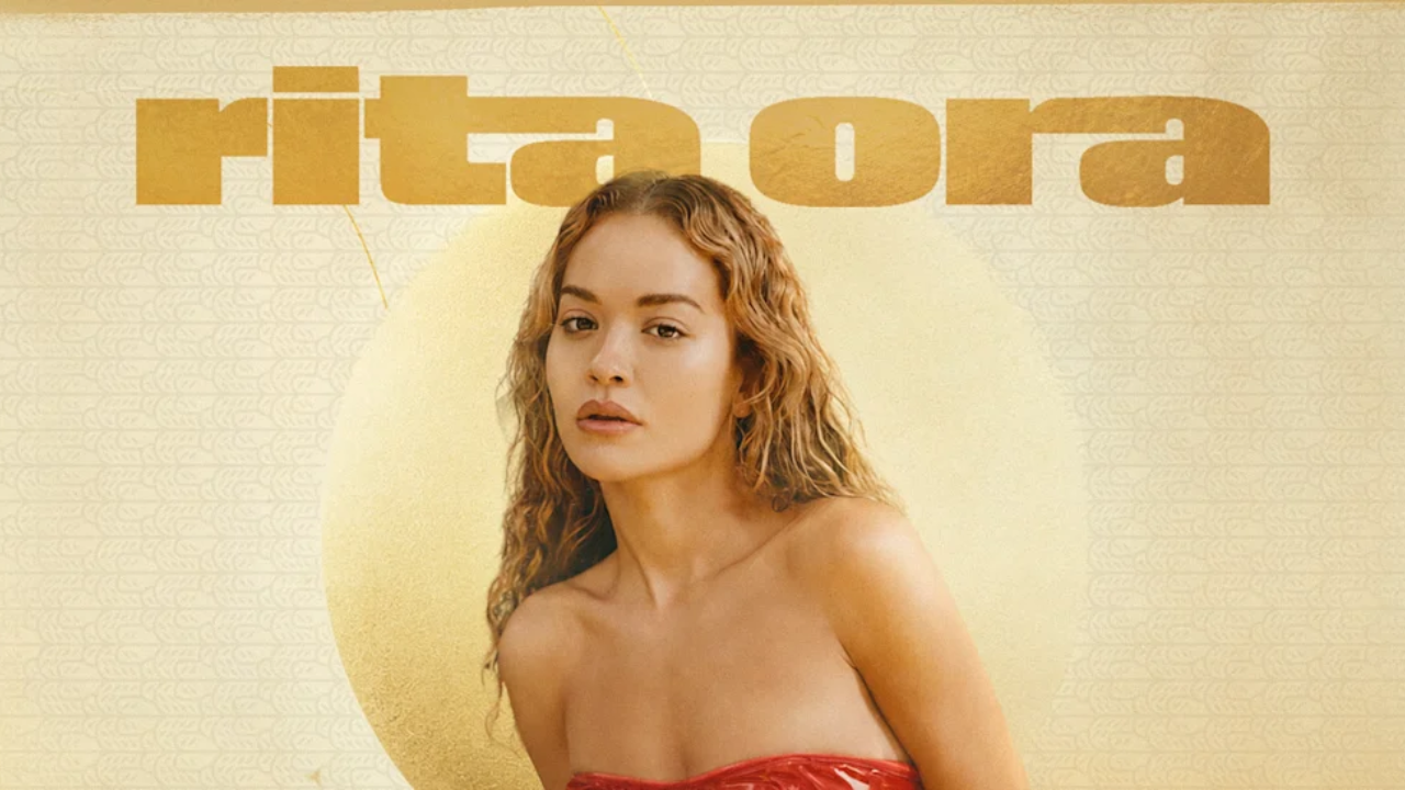 Promotional portrait of singer Rita Ora featured on artwork with her name displayed prominently in the background.
