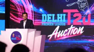 Rohan Jaitley speaking at the Delhi Premier League T20 Auction event during the launch of the Delhi Premier League cricket tournament.