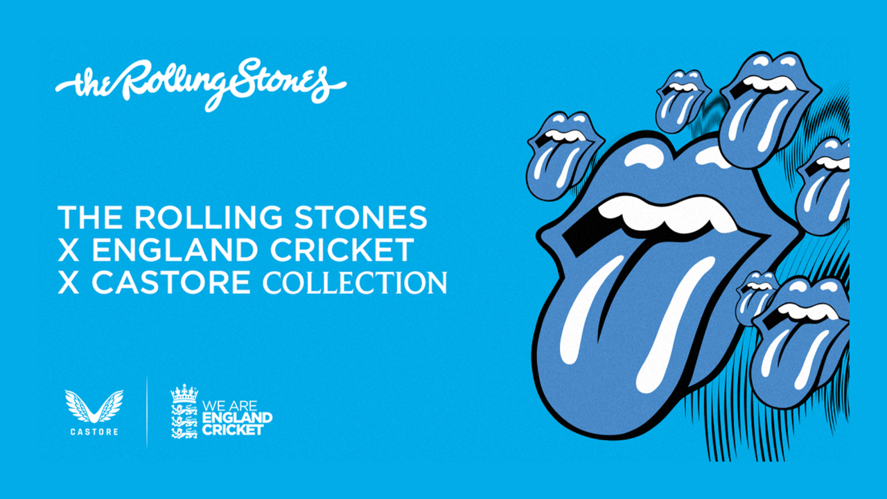 Promotional graphic for the Rolling Stones x England Cricket x Castore collection featuring the iconic Rolling Stones tongue logo and England Cricket branding.