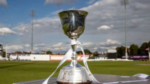 The Rothesay County Championship Division Two trophy displayed on the outfield before the start of an English county cricket match.