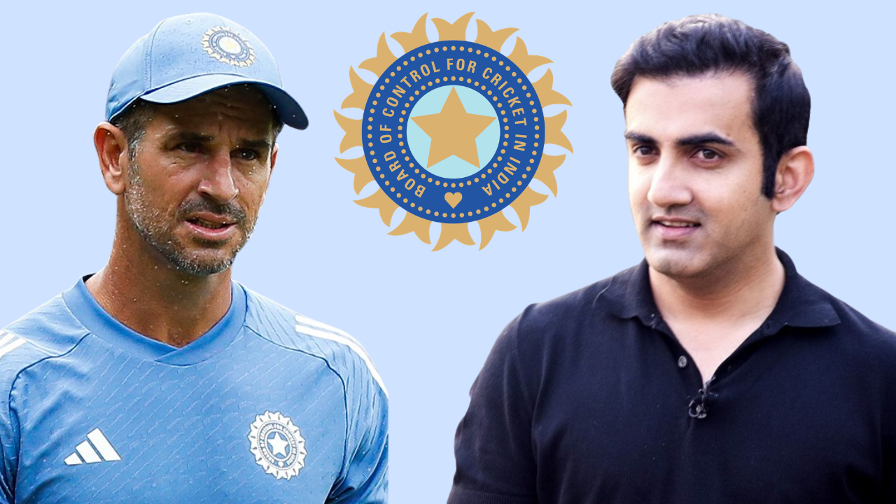 India assistant coach Ryan ten Doeschate and head coach Gautam Gambhir alongside the BCCI logo, representing the Indian men's cricket team's coaching leadership.