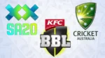 SA20, KFC Big Bash League (BBL), and Cricket Australia logos displayed together, representing major Australian and South African T20 cricket competitions and governing bodies.