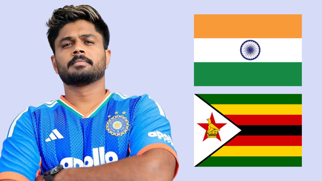 Sanju Samson in India's cricket jersey alongside the flags of India and Zimbabwe, representing India's T20 squad selection for the Zimbabwe series.