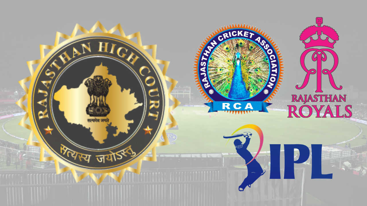 Logos of Sawai Mansingh Stadium, Rajasthan High Court, Rajasthan Cricket Association (RCA), Rajasthan Royals and the Indian Premier League (IPL) representing key stakeholders in Rajasthan cricket.