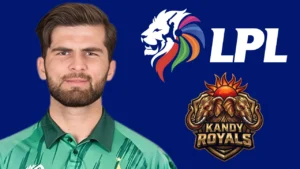 Pakistan fast bowler Shaheen Afridi pictured alongside the Lanka Premier League (LPL) and Kandy Royals logos ahead of the 2026 LPL season.
