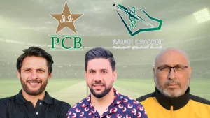 Shahid Afridi, Imran Khan Sr. and Jalal Uddin featured alongside the Pakistan Cricket Board (PCB) and Saudi Cricket logos in a graphic about cricket development and cooperation between Pakistan and Saudi Arabia.