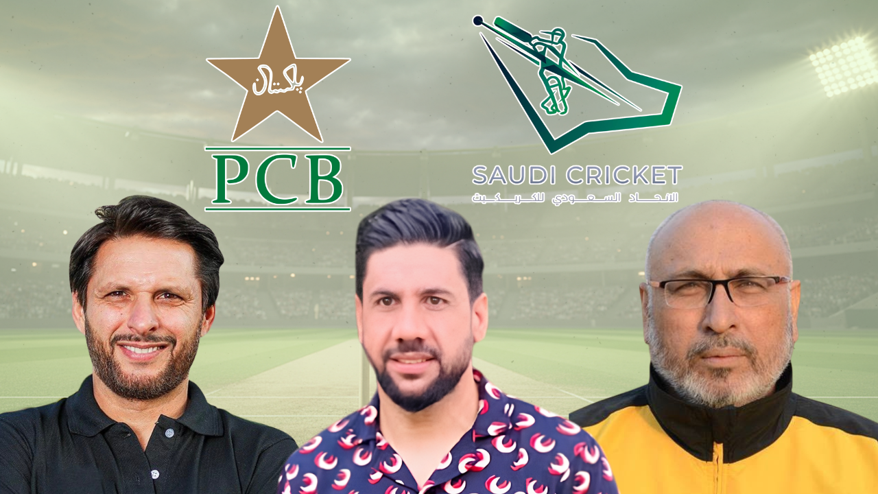 Shahid Afridi, Imran Khan Sr. and Jalal Uddin featured alongside the Pakistan Cricket Board (PCB) and Saudi Cricket logos in a graphic about cricket development and cooperation between Pakistan and Saudi Arabia.