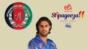 Former Afghanistan fast bowler Shapoor Zadran alongside the Afghanistan Cricket Board logo and Shpageeza Cricket League branding.