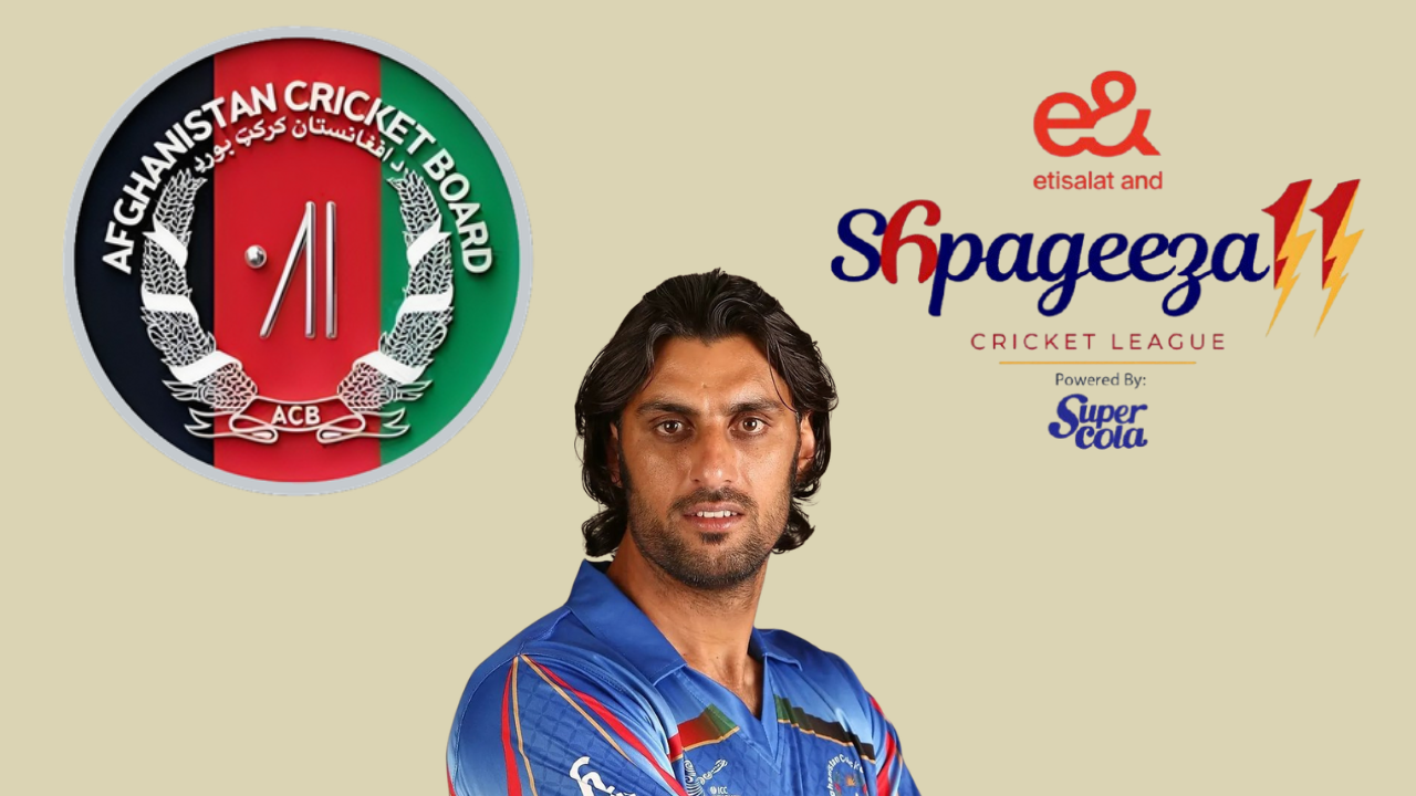 Former Afghanistan fast bowler Shapoor Zadran alongside the Afghanistan Cricket Board logo and Shpageeza Cricket League branding.