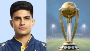 India batter Shubman Gill pictured alongside the ICC Cricket World Cup trophy, representing India's ambitions in the ICC Men's ODI Cricket World Cup.