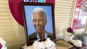Portrait of Sir Garfield Sobers displayed at a Book of Condolence at Cricket West Indies (CWI) Headquarters in Coolidge, where tributes are being paid to the legendary West Indies cricketer.