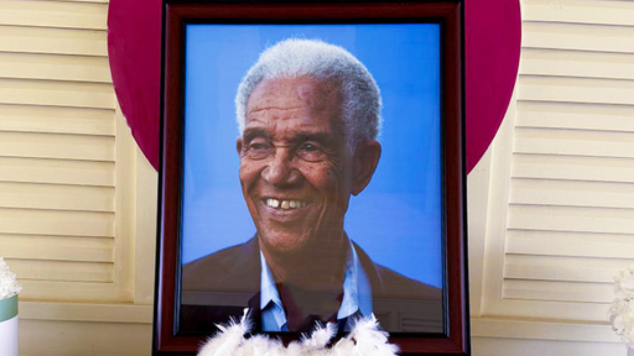 Portrait of Sir Garfield Sobers displayed during the State Funeral of The Right Excellent Sir Garfield Sobers, honoring the West Indies cricket legend.