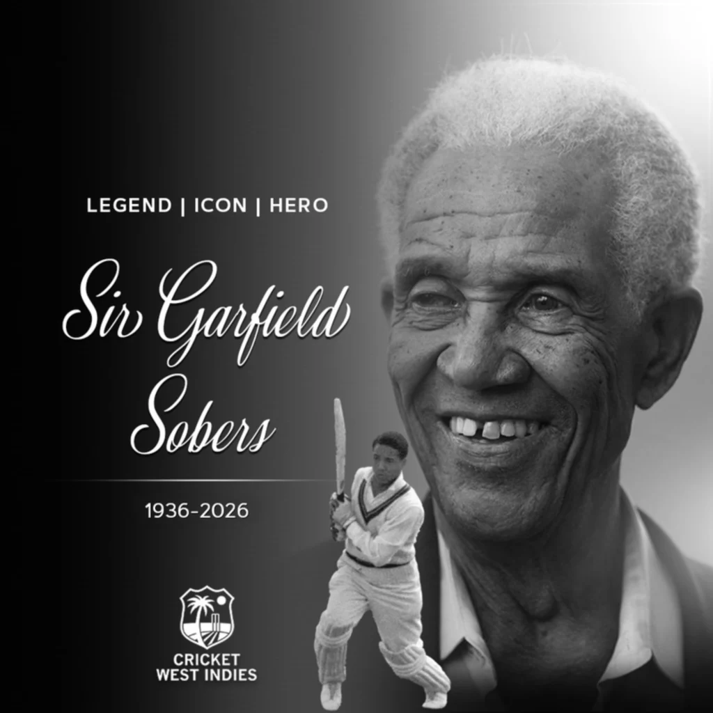 Tribute graphic honoring Sir Garfield Sobers (1936–2026), featuring a portrait of the West Indies cricket legend alongside an image of him batting, released by Cricket West Indies.