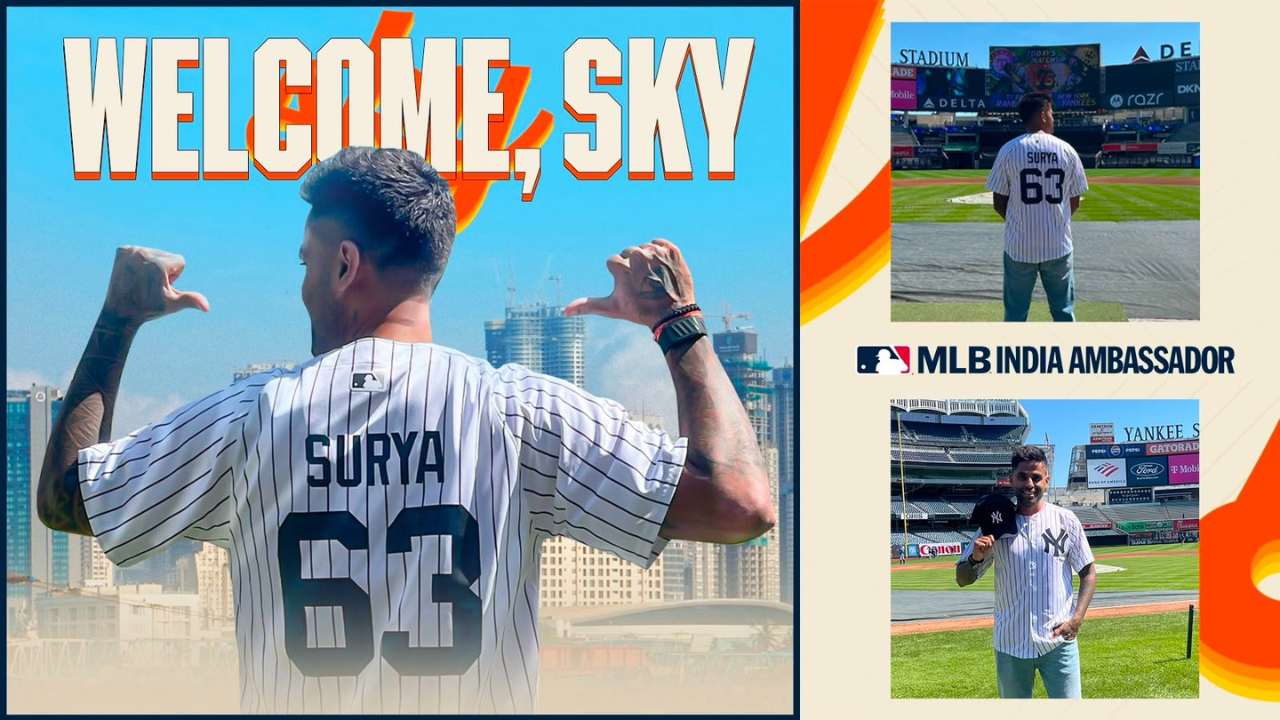 India cricketer Suryakumar Yadav wearing a custom New York Yankees jersey during his introduction as an MLB India Ambassador at Yankee Stadium.
