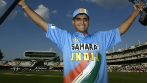 Sourav Ganguly celebrates India's victory in the 2002 NatWest Series final at Lord's Cricket Ground, holding the winner's trophy aloft.