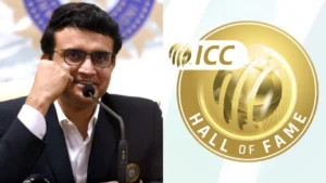 Former India captain Sourav Ganguly pictured alongside the ICC Hall of Fame logo, highlighting his induction into the ICC Hall of Fame.