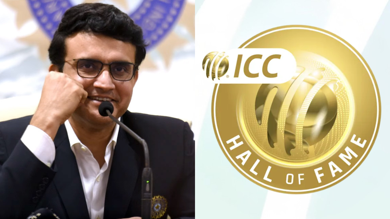 Former India captain Sourav Ganguly pictured alongside the ICC Hall of Fame logo, highlighting his induction into the ICC Hall of Fame.
