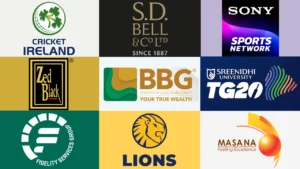 Logos of sponsors and partners associated with the European T20 Premier League (ETPL), including Cricket Ireland, Sony Sports Network, BBG, TG20, Fidelity Services Group, Lions and Masana.