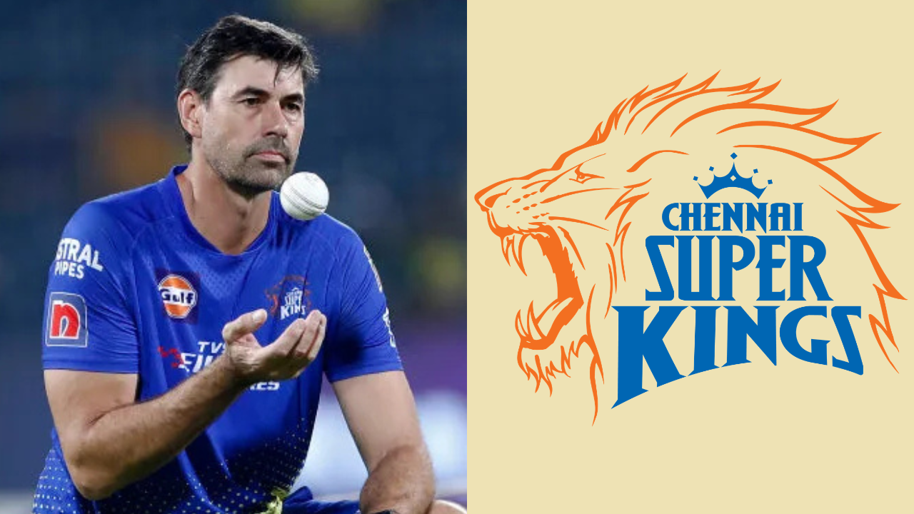Stephen Fleming alongside the Chennai Super Kings (CSK) logo, highlighting the former New Zealand captain's role as the IPL franchise's head coach.