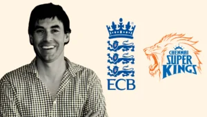 Former New Zealand cricketer and Chennai Super Kings head coach Stephen Fleming alongside the England and Wales Cricket Board (ECB) and Chennai Super Kings (CSK) logos.