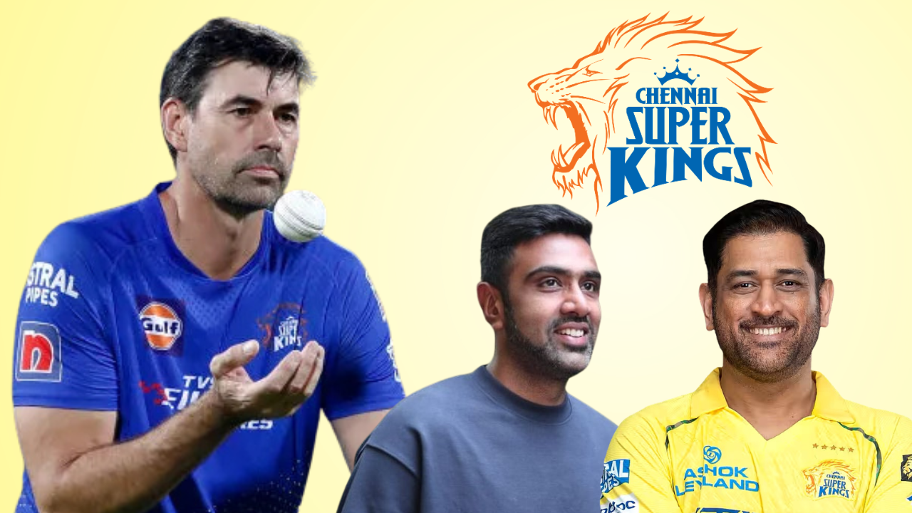 Chennai Super Kings head coach Stephen Fleming with Ravichandran Ashwin, MS Dhoni, and the Chennai Super Kings (CSK) logo in a composite graphic.