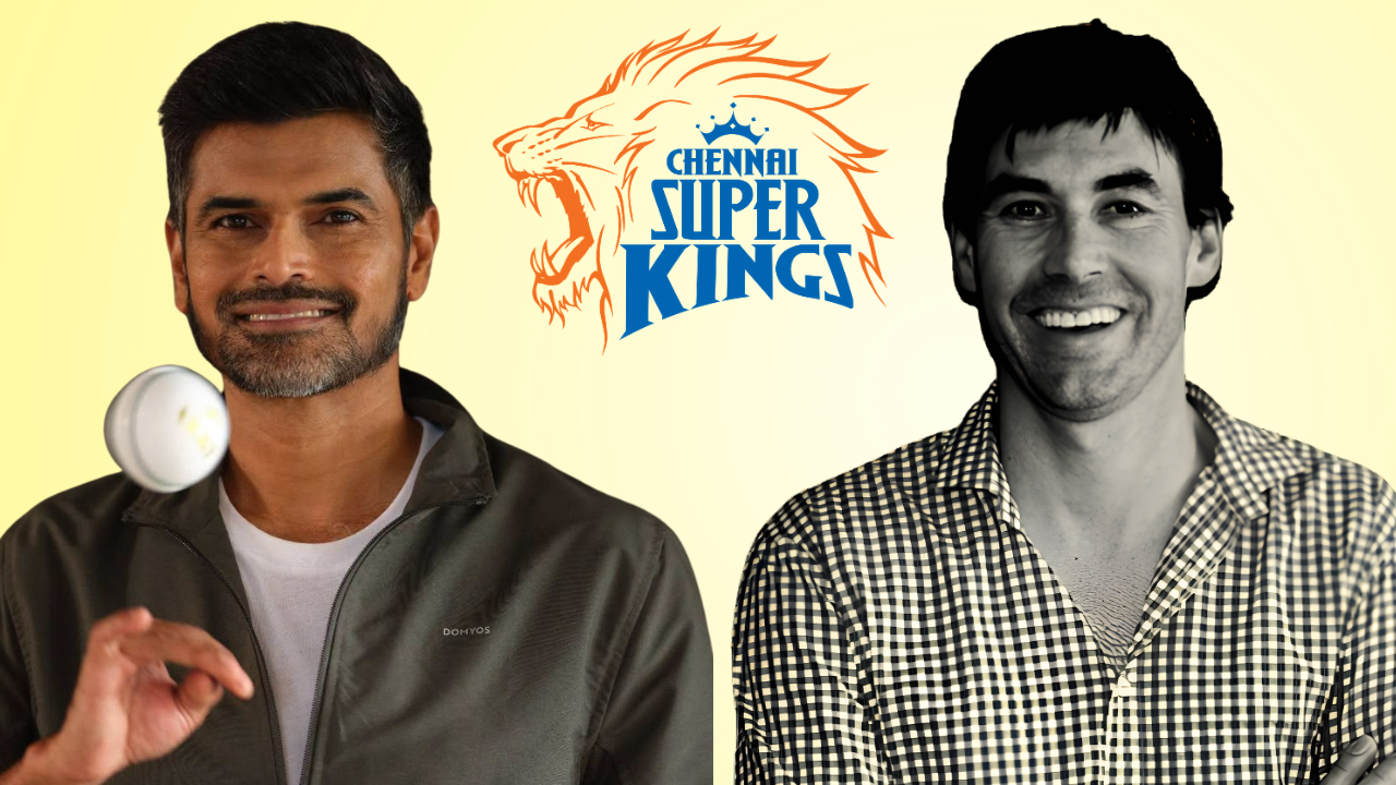 Subramaniam Badrinath and Chennai Super Kings head coach Stephen Fleming pictured alongside the Chennai Super Kings logo, representing news related to the IPL franchise and team management.