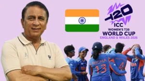 Sunil Gavaskar with India's women's cricket team, the India flag, and the ICC Women's T20 World Cup England and Wales 2026 logo, highlighting India's prospects for the tournament.