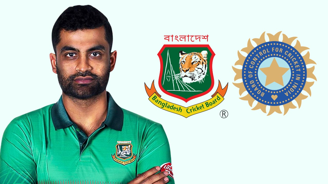 Former Bangladesh captain Tamim Iqbal pictured alongside the Bangladesh Cricket Board (BCB) and Board of Control for Cricket in India (BCCI) logos.