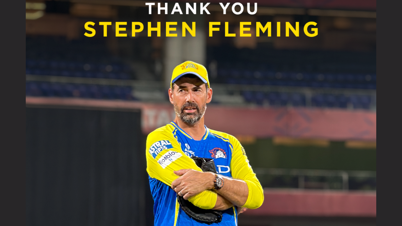 Stephen Fleming in Chennai Super Kings training kit during a tribute graphic thanking the longtime CSK head coach for his contributions to the IPL franchise.