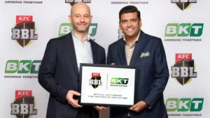 Cricket Australia CEO Todd Greenberg and BKT Joint Managing Director Rajiv Poddar at the announcement of BKT's partnership with the KFC Big Bash League.