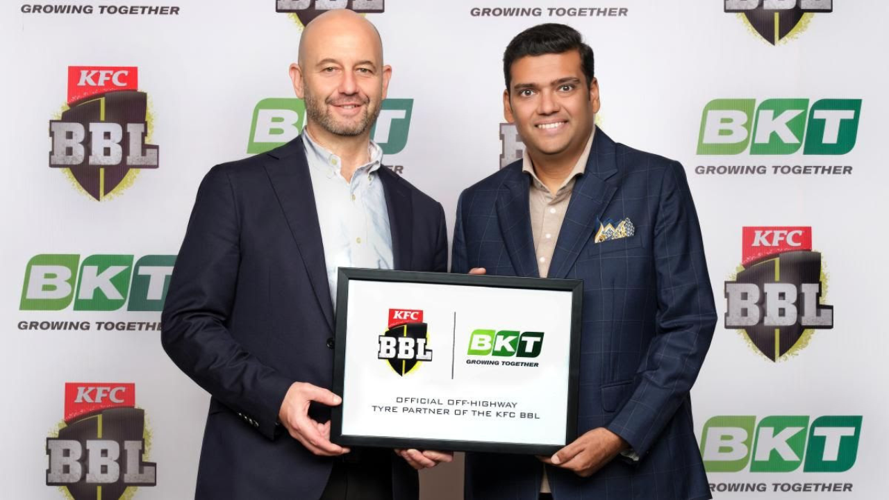 Cricket Australia CEO Todd Greenberg and BKT Joint Managing Director Rajiv Poddar at the announcement of BKT's partnership with the KFC Big Bash League.