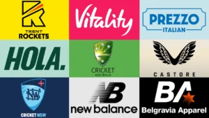 Logos of Trent Rockets, Vitality, Prezzo Italian, HOLA, Cricket Australia, Castore, Cricket NSW, New Balance and Belgravia Apparel representing cricket sponsors, partners and apparel brands.