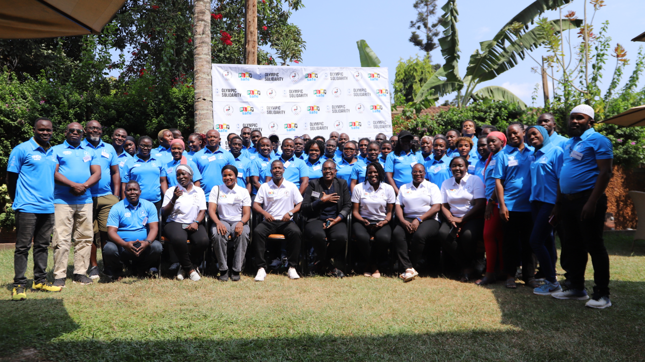 Participants pose for a group photo during the PlaySafe Safeguarding Training of Trainers workshop organized by the Uganda Olympic Committee Gender Equality and Diversity Commission at Nob View Hotel.
