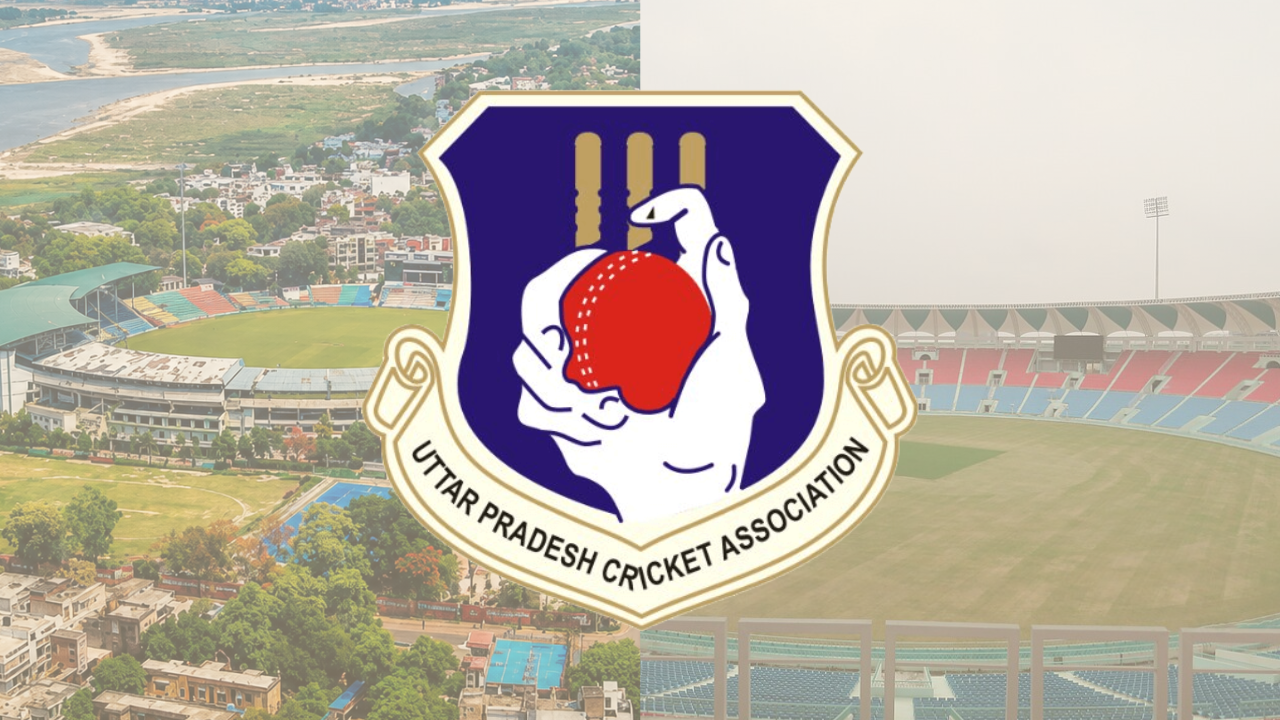 Uttar Pradesh Cricket Association (UPCA) logo displayed with Green Park Stadium in Kanpur and Bharat Ratna Shri Atal Bihari Vajpayee Ekana Cricket Stadium in Lucknow, representing UPCA's major cricket venues.